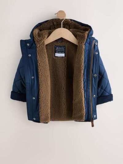 Navy Borg Lined Quilted Coat