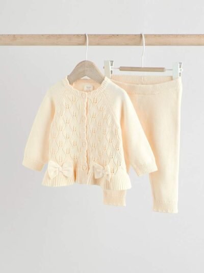 White Frill Knitted Bow Baby Cardigan Set