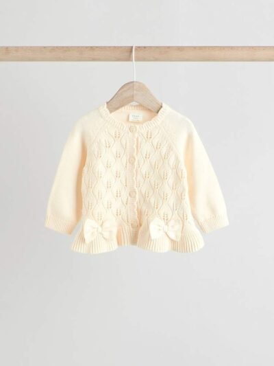 White Frill Knitted Bow Baby Cardigan Set