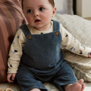 Mid Blue Cord Dungarees and Bodysuit Baby Set
