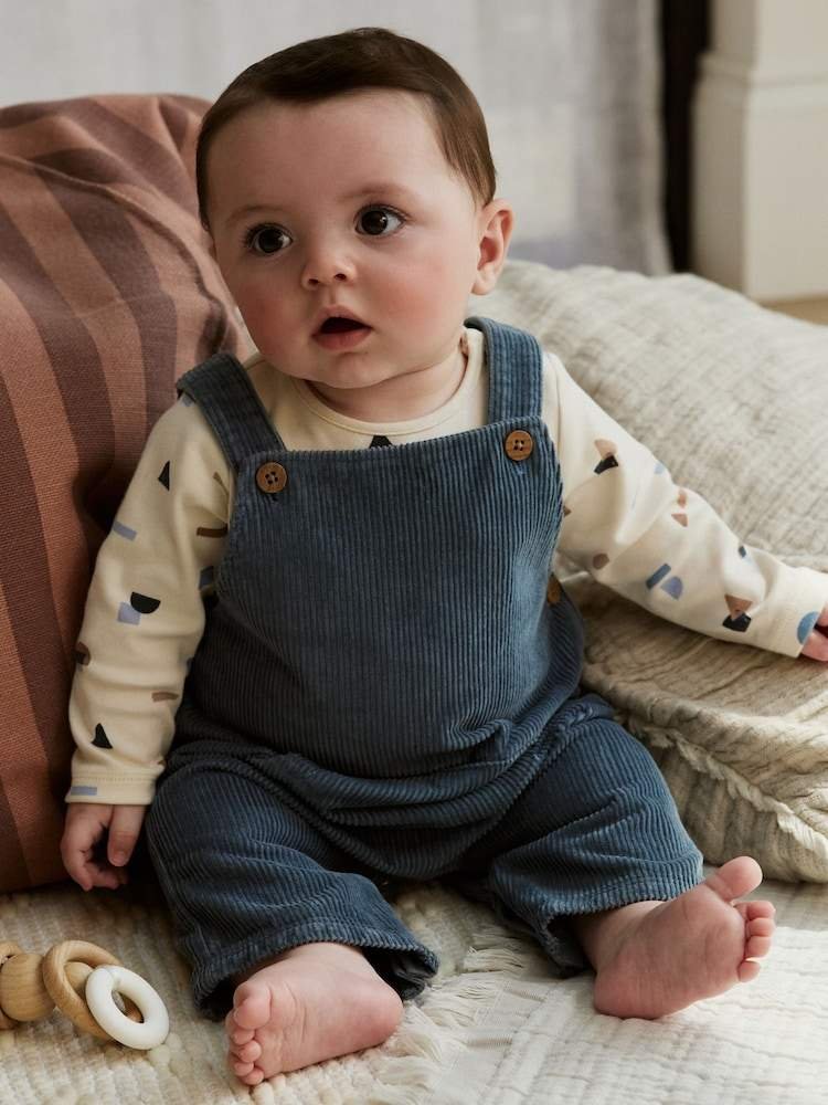 Mid Blue Cord Dungarees and Bodysuit Baby Set