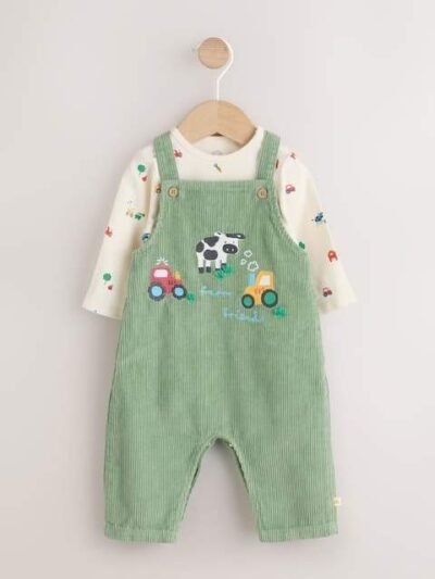 Green Farm Cord Dungarees and Bodysuit Baby Set