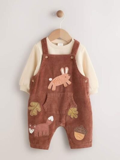 Brown Woodland Cord Dungarees and Bodysuit Baby Set
