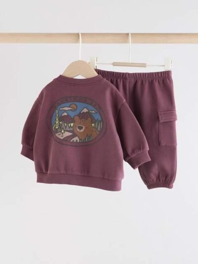 Burgundy Red Bear Baby Sweatshirt and Joggers Set
