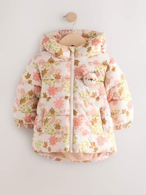 Pink Floral Shower Resistant Fleece Lined Hooded Padded Coat