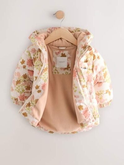 Pink Floral Shower Resistant Fleece Lined Hooded Padded Coat