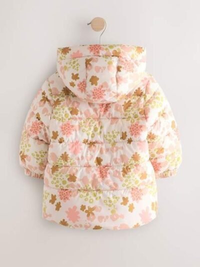 Pink Floral Shower Resistant Fleece Lined Hooded Padded Coat