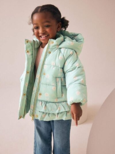 Sage Green Shower Resistant Padded Coat With Frill Hem