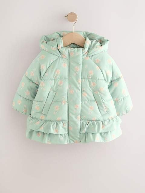 Sage Green Shower Resistant Padded Coat With Frill Hem