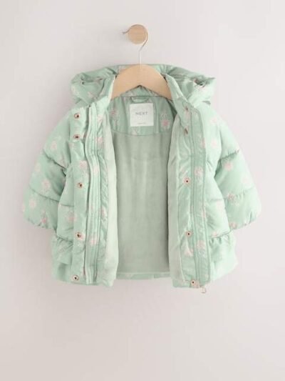 Sage Green Shower Resistant Padded Coat With Frill Hem