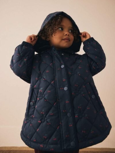 Navy Cherry Shower Resistant Embroidered Coat With Collar