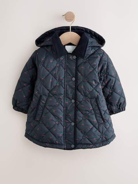 Navy Cherry Shower Resistant Embroidered Coat With Collar