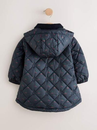 Navy Cherry Shower Resistant Embroidered Coat With Collar