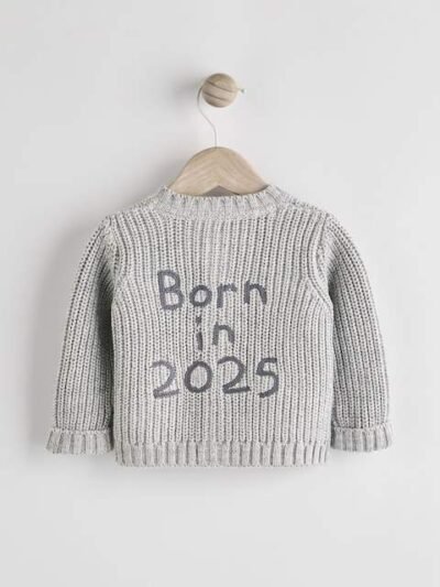 Grey Born In 2025 Baby Knitted 100% Cotton Cardigan
