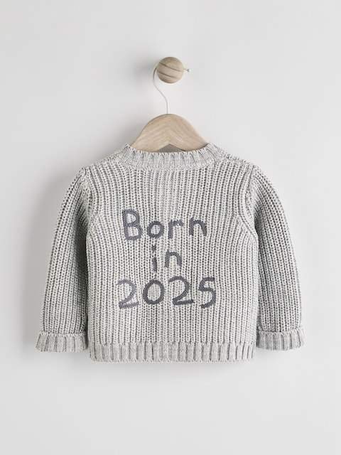 Grey Born In 2025 Baby Knitted 100% Cotton Cardigan
