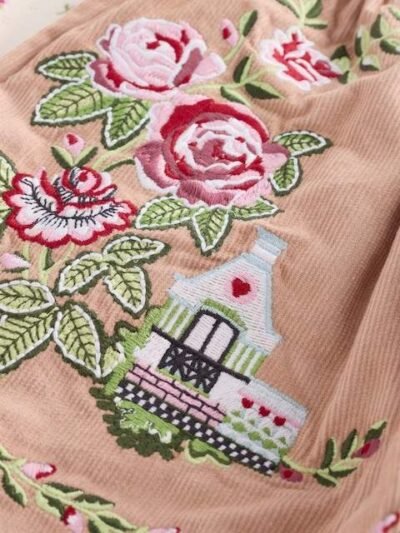 Cath Kidston Beige Embroidered Corduroy Pinafore 100% Cotton Dress with Tights