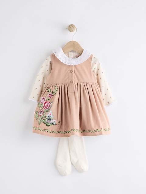 Cath Kidston Beige Embroidered Corduroy Pinafore 100% Cotton Dress with Tights