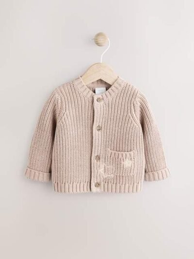 Hello World Neutral Chunky Knitted Embroidered Baby Cardigan