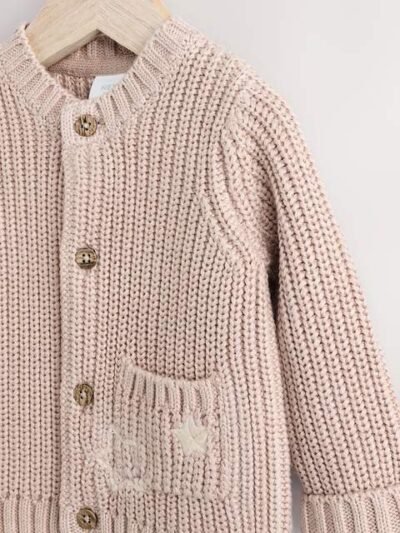 Hello World Neutral Chunky Knitted Embroidered Baby Cardigan