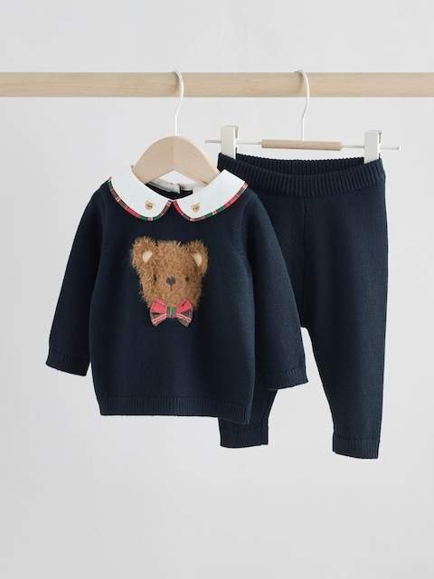 Navy Bear Knitted Jumper and Leggings Baby Set