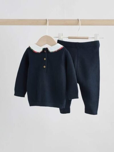 Navy Bear Knitted Jumper and Leggings Baby Set