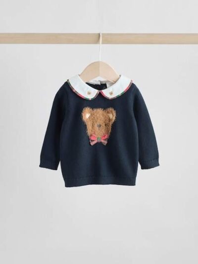 Navy Bear Knitted Jumper and Leggings Baby Set