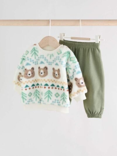Green Bear Fairisle Baby Fleece Top and Joggers Set