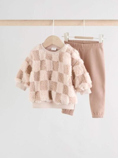 Neutral Checkerboard Baby Fleece Top and Joggers Set