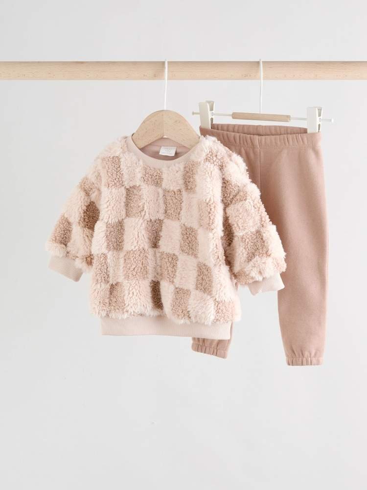 Neutral Checkerboard Baby Fleece Top and Joggers Set
