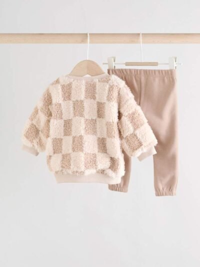 Neutral Checkerboard Baby Fleece Top and Joggers Set