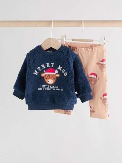 Navy Christmas Hamish Baby Fleece Top and Leggings Set