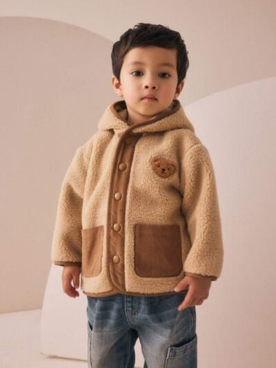 Tan Brown Hooded Fleece Zip Through Jacket