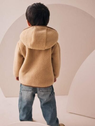 Tan Brown Hooded Fleece Zip Through Jacket