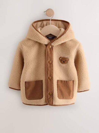 Tan Brown Hooded Fleece Zip Through Jacket