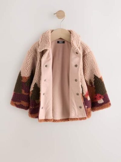 Neutral Scenic Print Borg Fleece Shacket