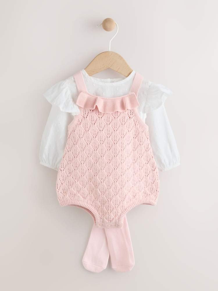 Pink/ White Baby Romper and Knitted Dungarees with Tights 3 Piece Set