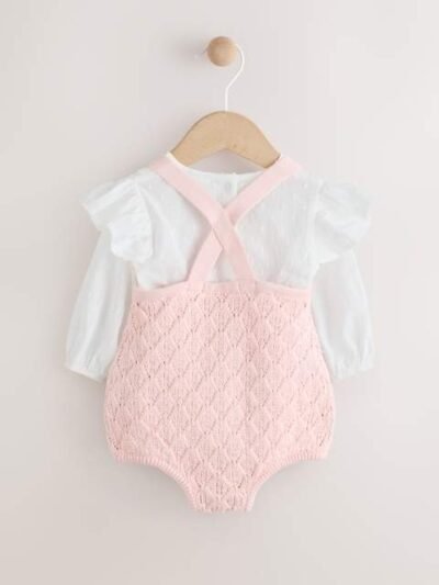 Pink/ White Baby Romper and Knitted Dungarees with Tights 3 Piece Set