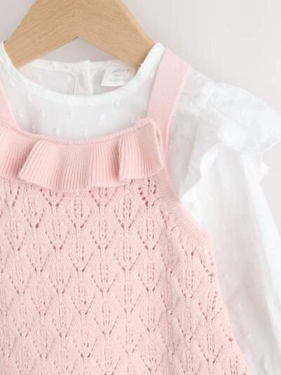 Pink/ White Baby Romper and Knitted Dungarees with Tights 3 Piece Set