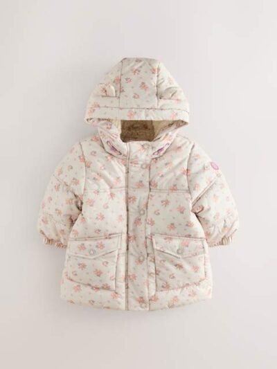 Cream Rose Shower Resistant Printed Padded Coat