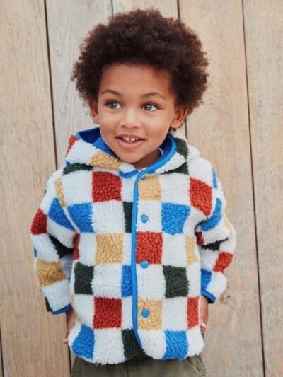 Multi Checkerboard Hooded Fleece Zip Through Jacket