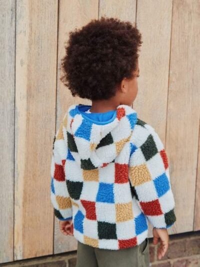 Multi Checkerboard Hooded Fleece Zip Through Jacket