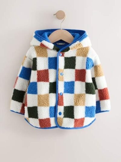 Multi Checkerboard Hooded Fleece Zip Through Jacket