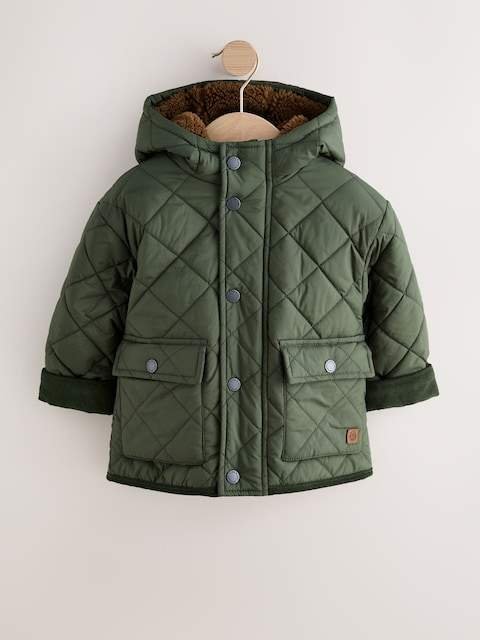 Khaki Green Borg Lined Quilted Coat