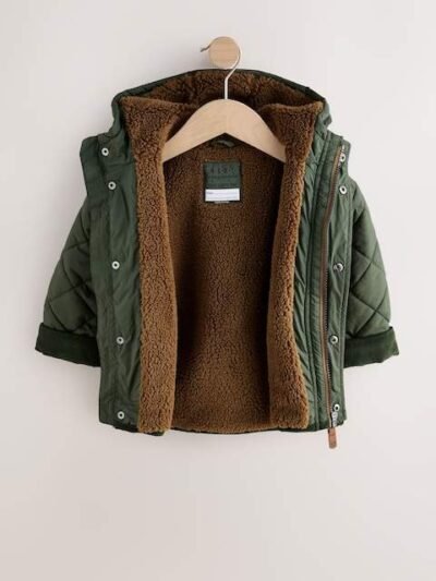 Khaki Green Borg Lined Quilted Coat