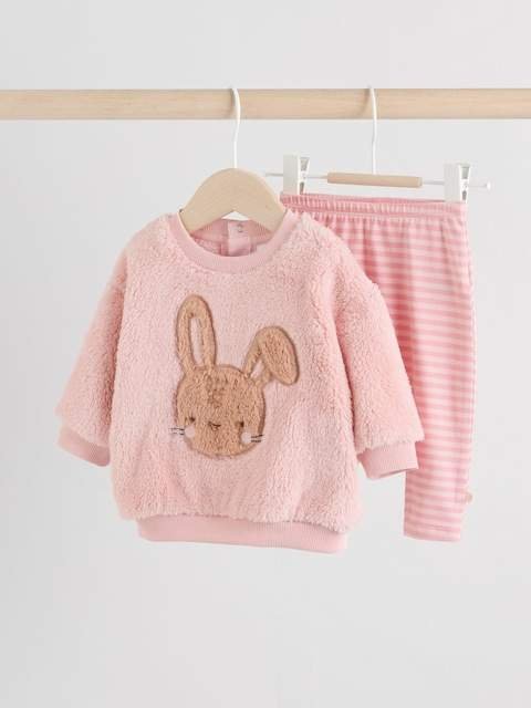Pink Bunny Baby Fleece Tops and Leggings Set 2 Piece