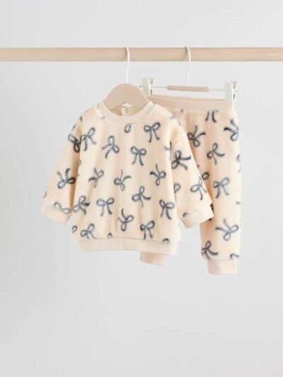 Black/White Soft Velour Bow Print Jumper and Trousers Set