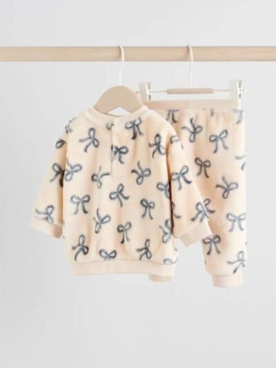 Black/White Soft Velour Bow Print Jumper and Trousers Set