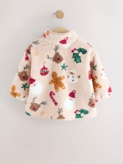 Beige Christmas Half Popper Fleece