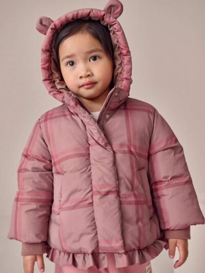 Check Shower Resistant Frill Hem Padded Coat