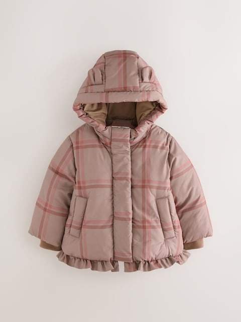Check Shower Resistant Frill Hem Padded Coat